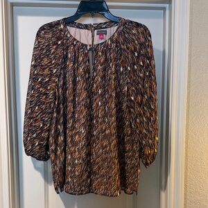 Vince Camuto Brown, Navy, Gold, and Cream Abstract Peasant Top